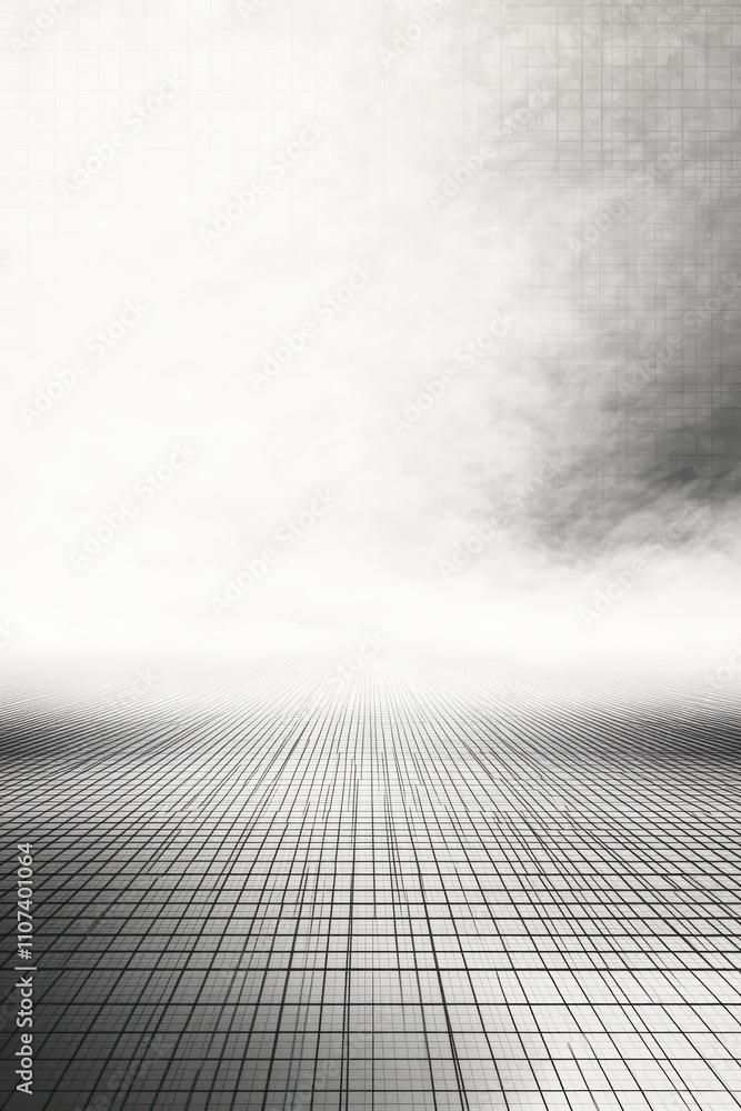 Poster abstract monochrome landscape with grid lines vanishing into a foggy horizon, creating a sense of de