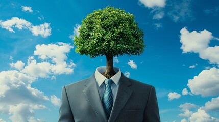 A tree growing from a business suit symbolizes merging nature with corporate responsibility.