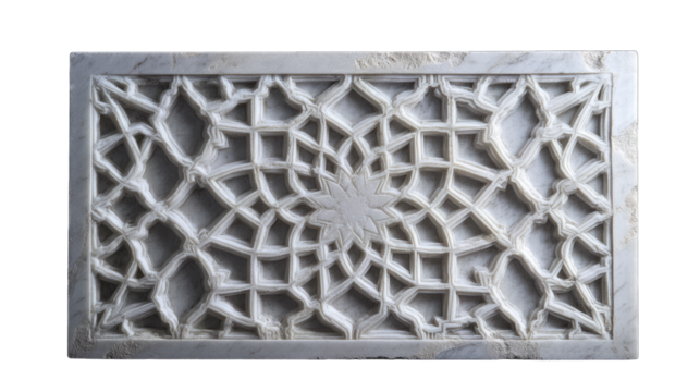 A rectangular panel of white stone with Islamic geometric patterns, against a black background,
