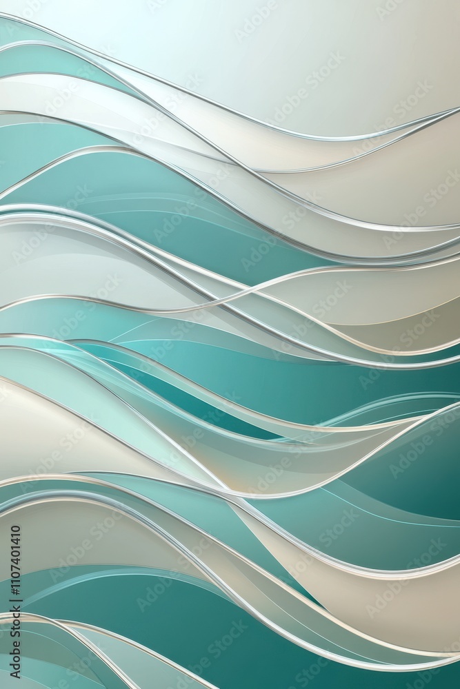 Poster an abstract composition featuring flowing teal and silver waves, creating a serene and modern aesthe