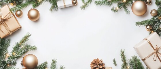 Luxury Banner Flat lay of Christmas balls garlands and gifts on white with copy space