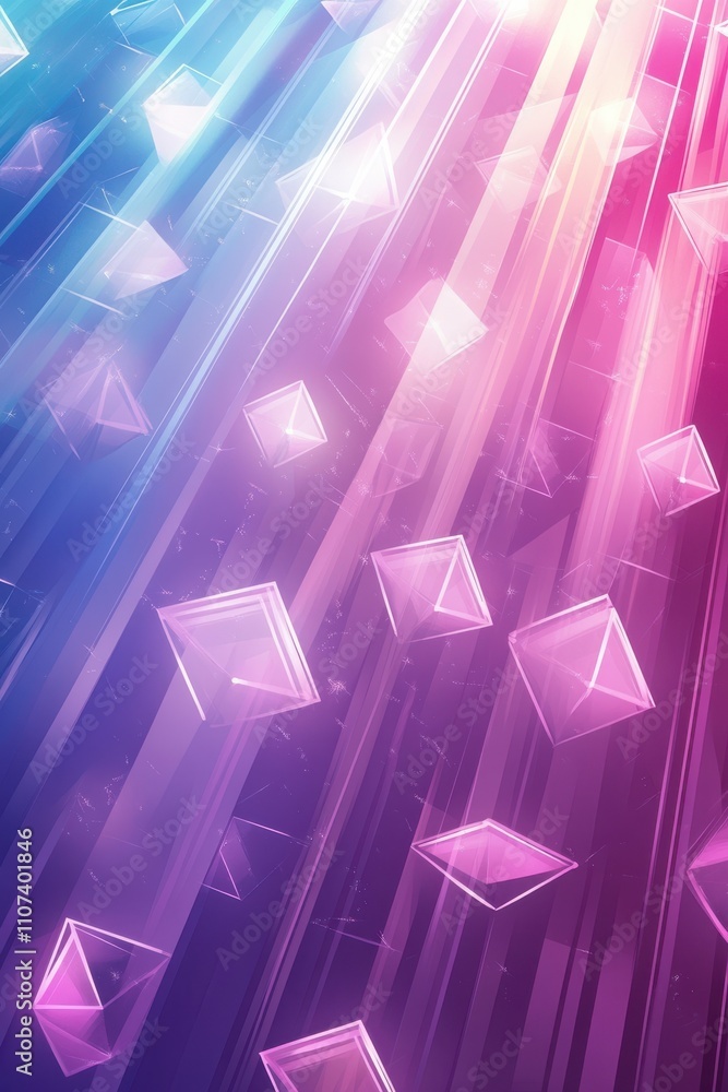Poster a vibrant abstract design featuring floating geometric shapes in shades of blue and pink, creating a