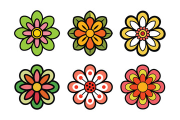Hippy groovy daisy flowers set. Retro vintage style vector illustration