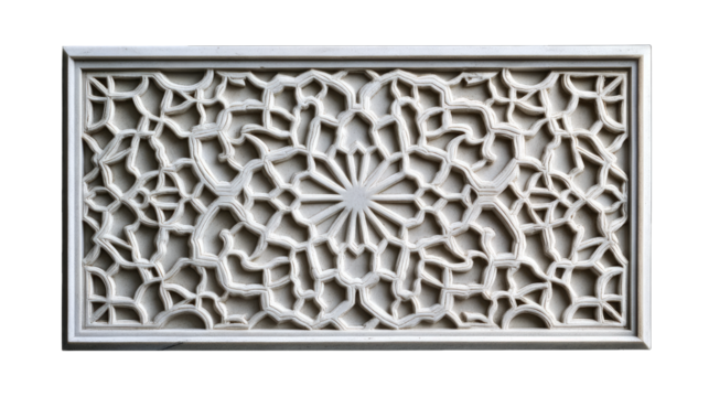 A rectangular panel of white stone with Islamic geometric patterns, against a black background,