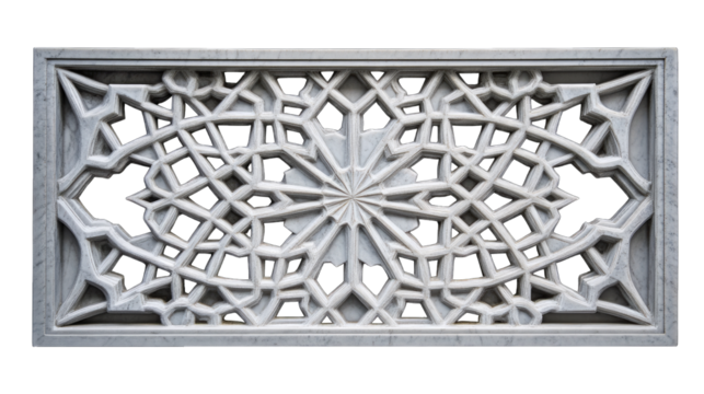 A rectangular panel of white stone with Islamic geometric patterns, against a black background,