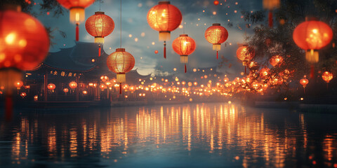 Fototapeta premium Chinese New Year celebrations with red lanterns hanging from trees and reflecting in the calm water.