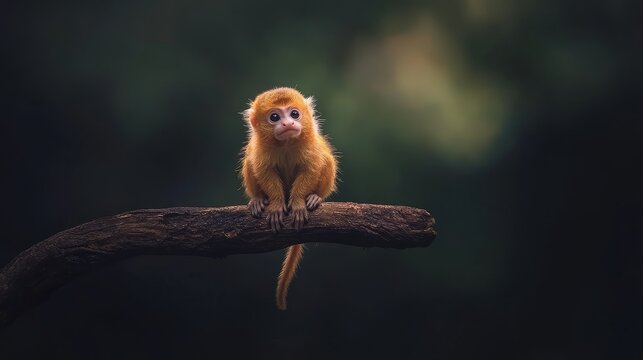 Cute pygmy marmoset sitting on a branch in a tranquil environment with soft natural lighting and blurred background
