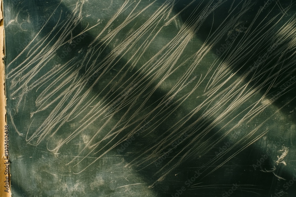 Poster abstract background of scratched green chalkboard with sunlight shadows creating dynamic lines and p
