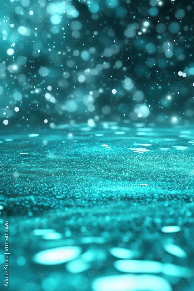 Poster a mesmerizing abstract background showcasing shimmering turquoise particles and bokeh effects.