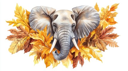 Fototapeta premium Elephant Surrounded by Autumn Leaves, Wildlife Art Decor, Watercolor Animal Print, African Elephant Illustration