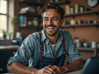 Obraz premium Portrait of happy male entrepreneur smiling in workshop