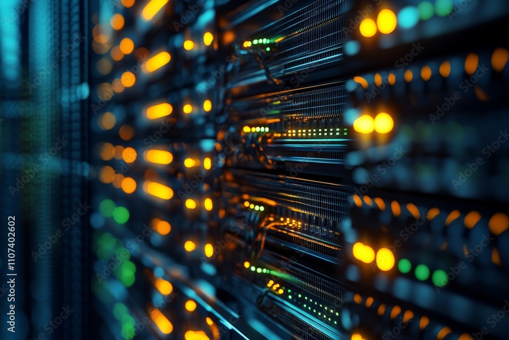 Poster abstract close-up view of illuminated network servers in a data center showcasing high-tech hardware