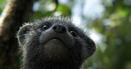 Obraz premium Close-Up of a Photorealistic Binturong with Captivating Eyes in a Natural Green Environment