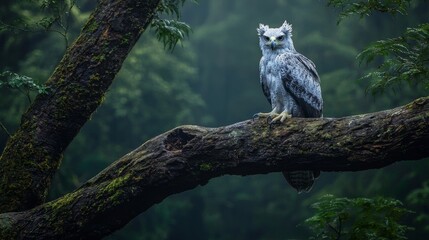 Obraz premium Stunning Photorealistic Harpy Eagle Perched on Ancient Tree Branch Surrounded by Lush Green Forest Landscape