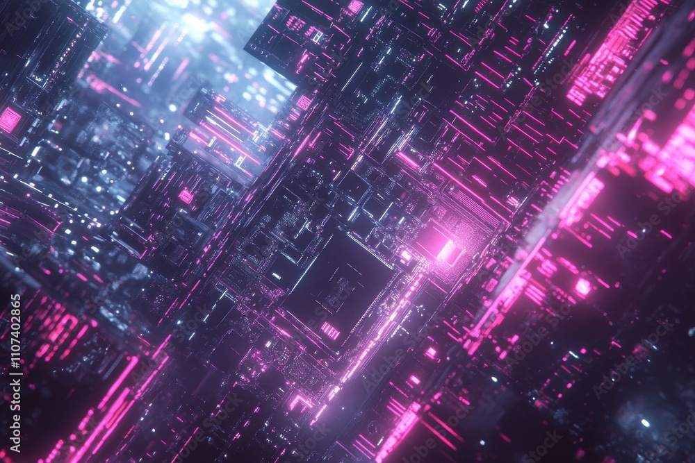 Aufkleber abstract futuristic cityscape with glowing neon lights and intricate architecture in a digital unive