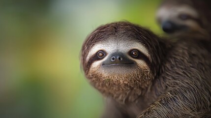 Fototapeta premium Adorable Sloth with Charming Expression in Lush Green Background, Perfect for Nature and Wildlife Themes
