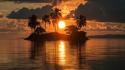 Tropical island with palm trees silhouetted by a glowing sunset over calm ocean waters