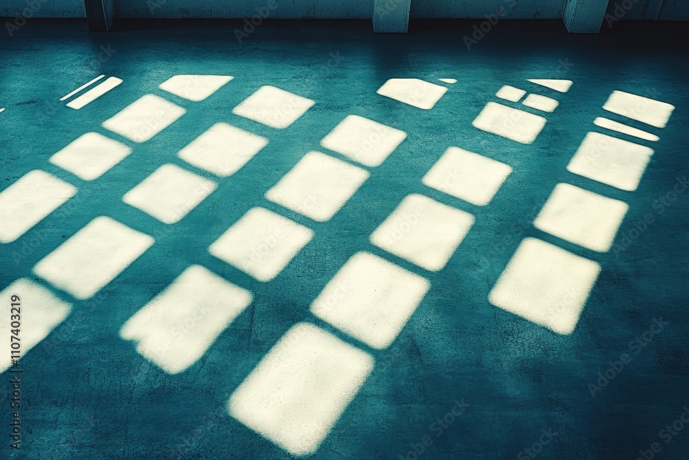 Poster abstract play of light and shadows on a textured floor reflecting window panes in an urban environme
