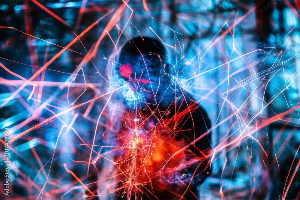 Poster abstract representation of a figure surrounded by vibrant light trails, showcasing energy movement a
