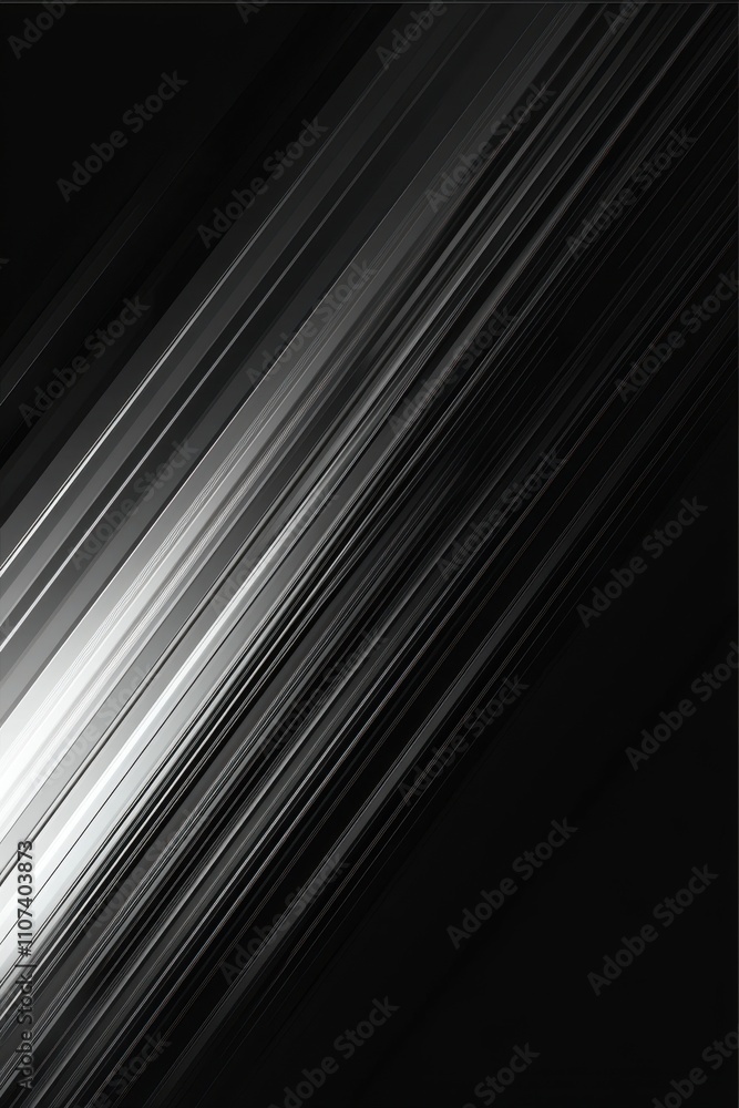 Poster dynamic abstract image featuring sharp diagonal lines in shades of gray and white against a black ba