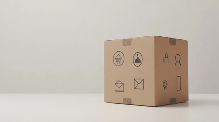 Obraz premium A cardboard box with various icons representing delivery and communication.