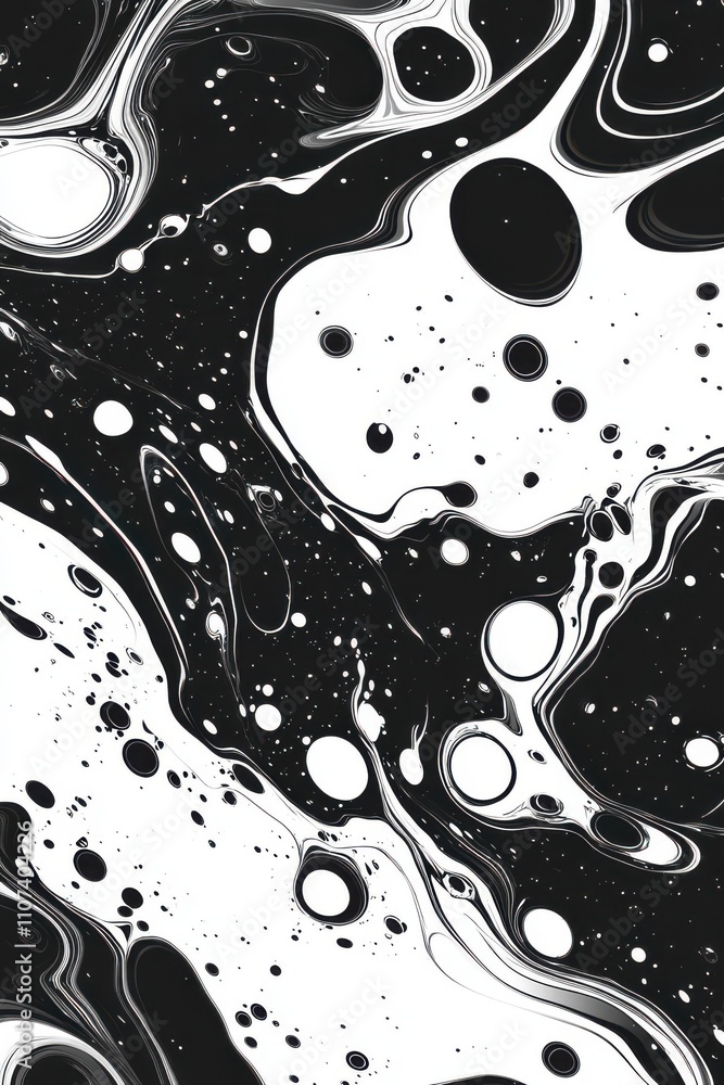Poster abstract black and white artistic fluid shapes with swirling patterns and contrasting bubbles.