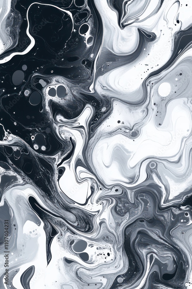 Poster abstract black and white marbled texture creating a fluid and dynamic composition.
