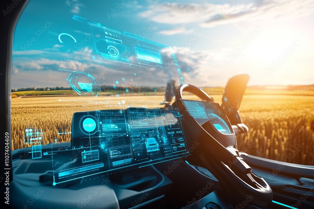 Poster advanced technology displaying digital interfaces in agricultural vehicle cab, featuring modern dash