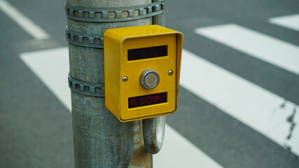 Yellow Pedestrian crossing button on Japanese crosswalk, text means please press