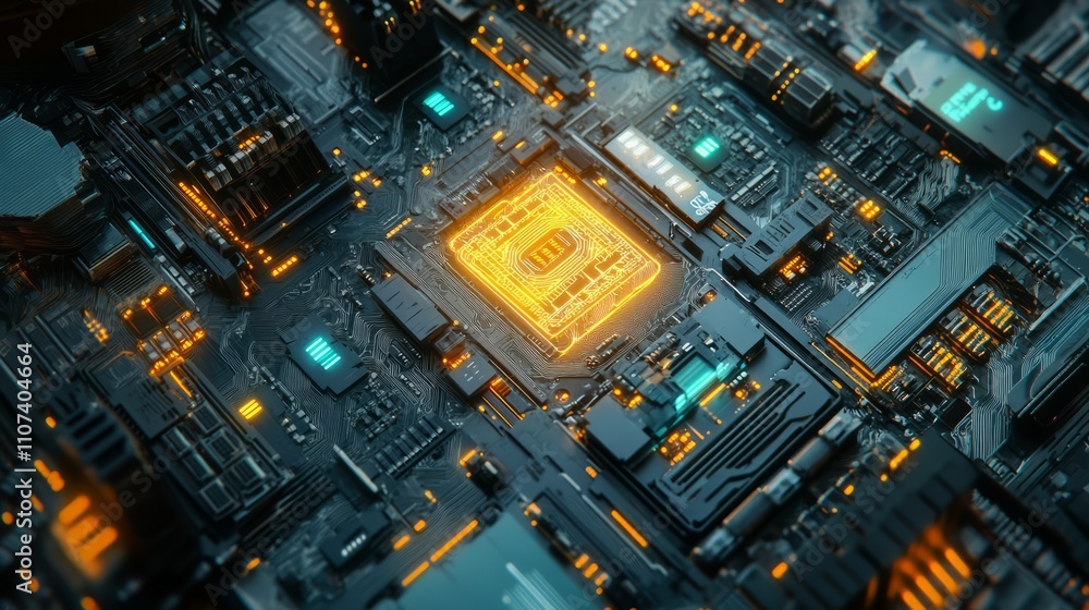 Poster futuristic technology background featuring 3d render of a printed circuit board with advanced code p
