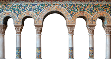 A photograph of arches and columns in the style of Islamic architecture, with Arabic mosaic tiles on the walls