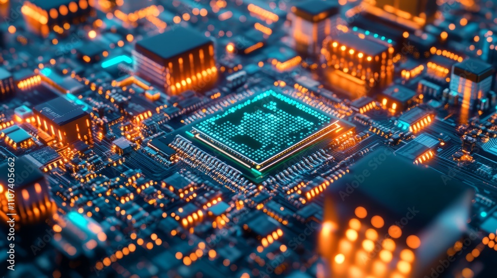 Poster futuristic technology background featuring 3d render of a printed circuit board with advanced code p