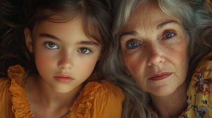 Fototapeta premium Young girl posing beside old woman in studio