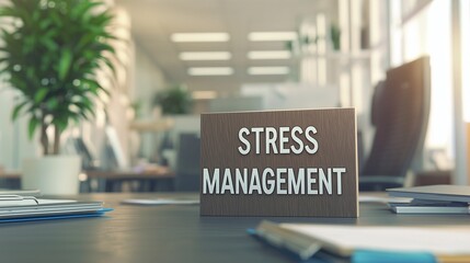 Office desk with 'stress management' sign, symbolizing workplace stress relief.