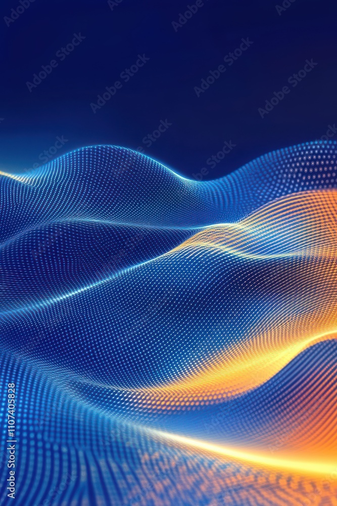 Poster abstract digital waves in blue and orange tones creating a dynamic and vibrant background.
