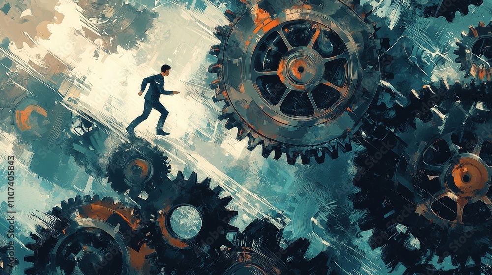 Poster a person navigating large gears symbolizes ai-driven manufacturing optimization and digital transfor