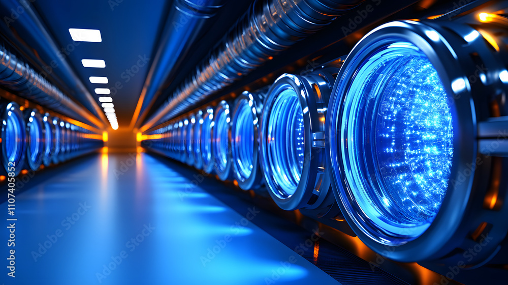 Poster a futuristic tunnel illuminated by blue and orange lights, featuring intricate machinery and technol