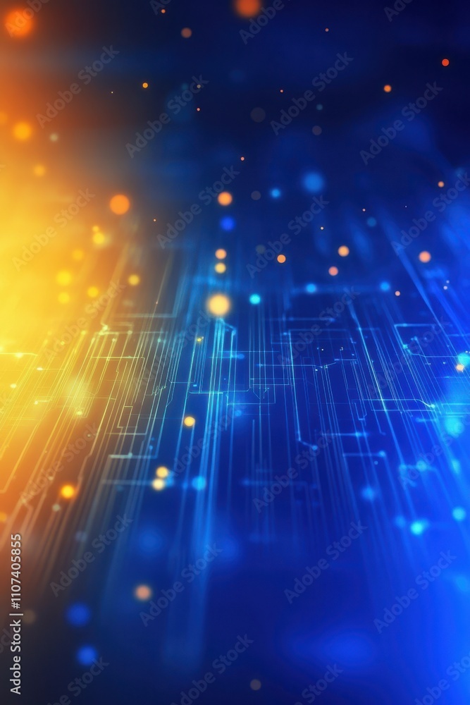 Poster abstract digital background with blue and orange hues, featuring glowing lines and particles creatin
