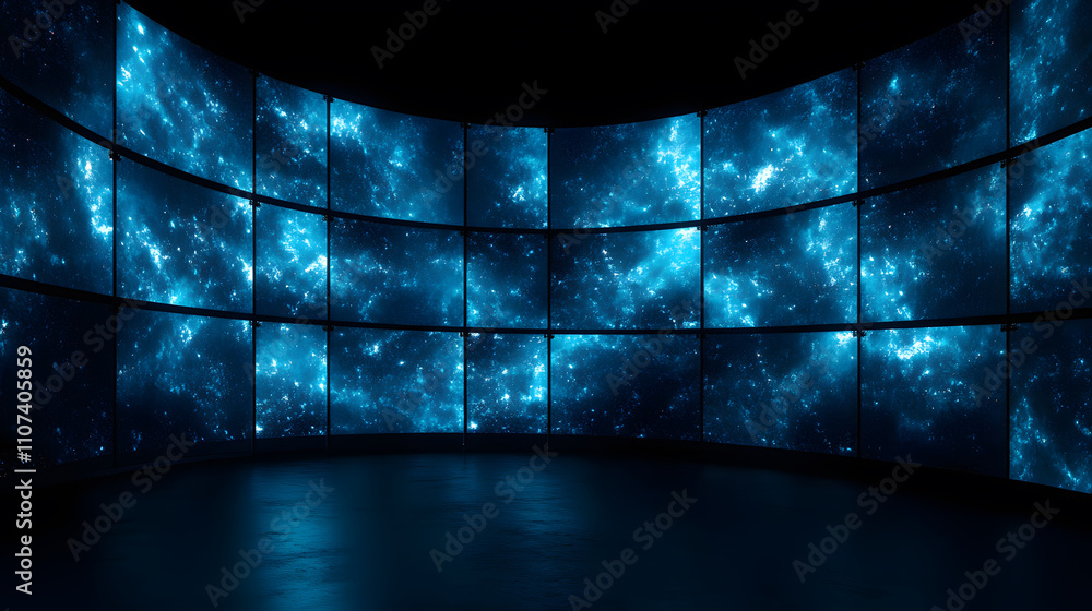Aufkleber A futuristic display of multiple screens showcasing a captivating blue cosmic pattern in a dark environment