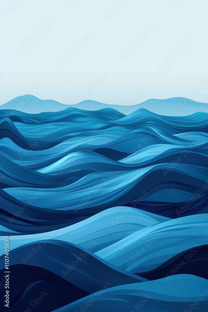 Poster a serene landscape of undulating blue waves, creating a calming ocean scene with soft gradients in v
