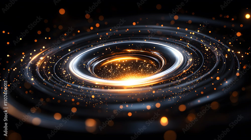 Poster A glowing cosmic vortex with swirling rings and sparkling particles against a dark background, creating a mesmerizing visual effect