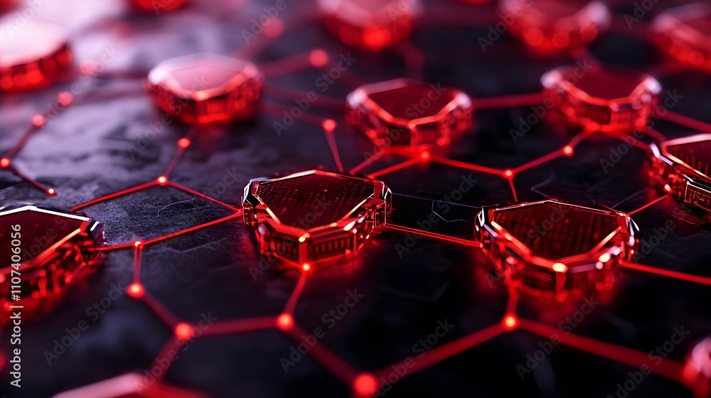 Poster a vibrant, abstract pattern featuring interconnected red hexagonal shapes on a dark background, evok