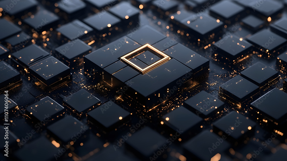 Poster A close-up view of a microchip surrounded by a dark, intricate circuit board design, showcasing advanced technology and digital innovation