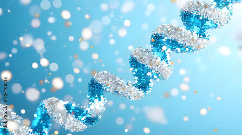 Poster a shimmering dna strand twists through a blue background, adorned with sparkling particles that evok