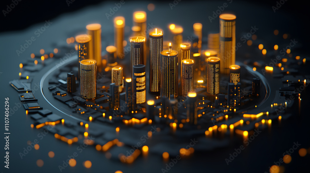 Poster a futuristic cityscape with glowing skyscrapers, illuminated by soft golden lights, showcasing a ble