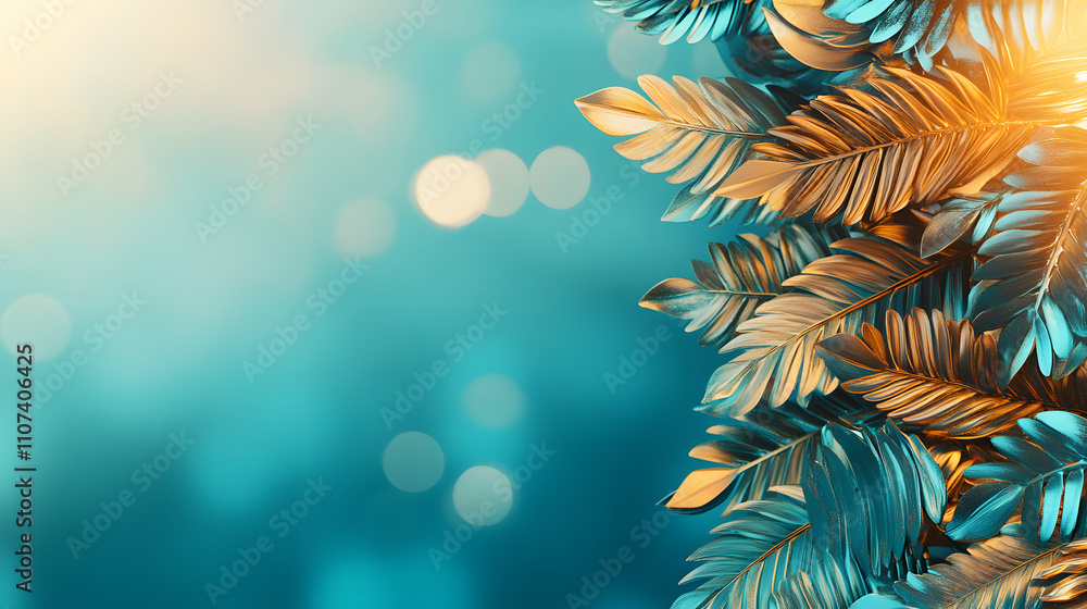 Poster a serene, abstract background featuring golden leaves against a soft turquoise backdrop with luminou