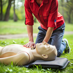 midsection of person practicing cpr on dummy outdo
