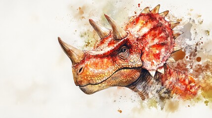 Dinosaur illustration, watercolor dinosaur art, triceratops head artwork, colorful prehistoric animal print