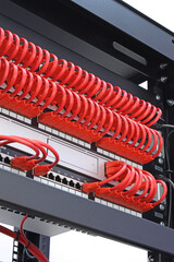 Connecting the Ethernet switch to the patch panel using patch cords with Rj45 tips.