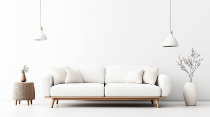 Minimalist living room with white sofa, wooden base, pillows, woven side table with vase, large vase with branches, and two white pendant lights against a plain background.